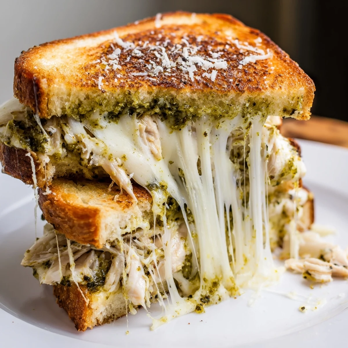 The golden-brown Mozzarella Pesto Chicken Grilled Cheese rests on a cutting board, showcasing melted cheese and vibrant pesto.