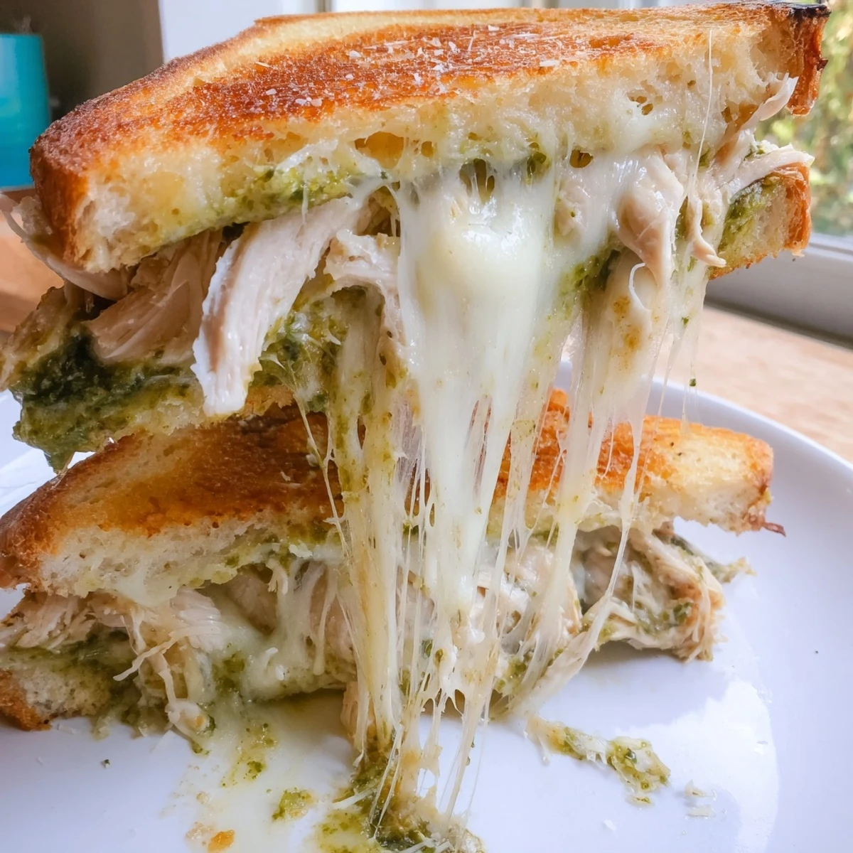 Fresh basil leaves top a warm Mozzarella Pesto Chicken Grilled Cheese, served neatly sliced alongside a bowl of marinara.