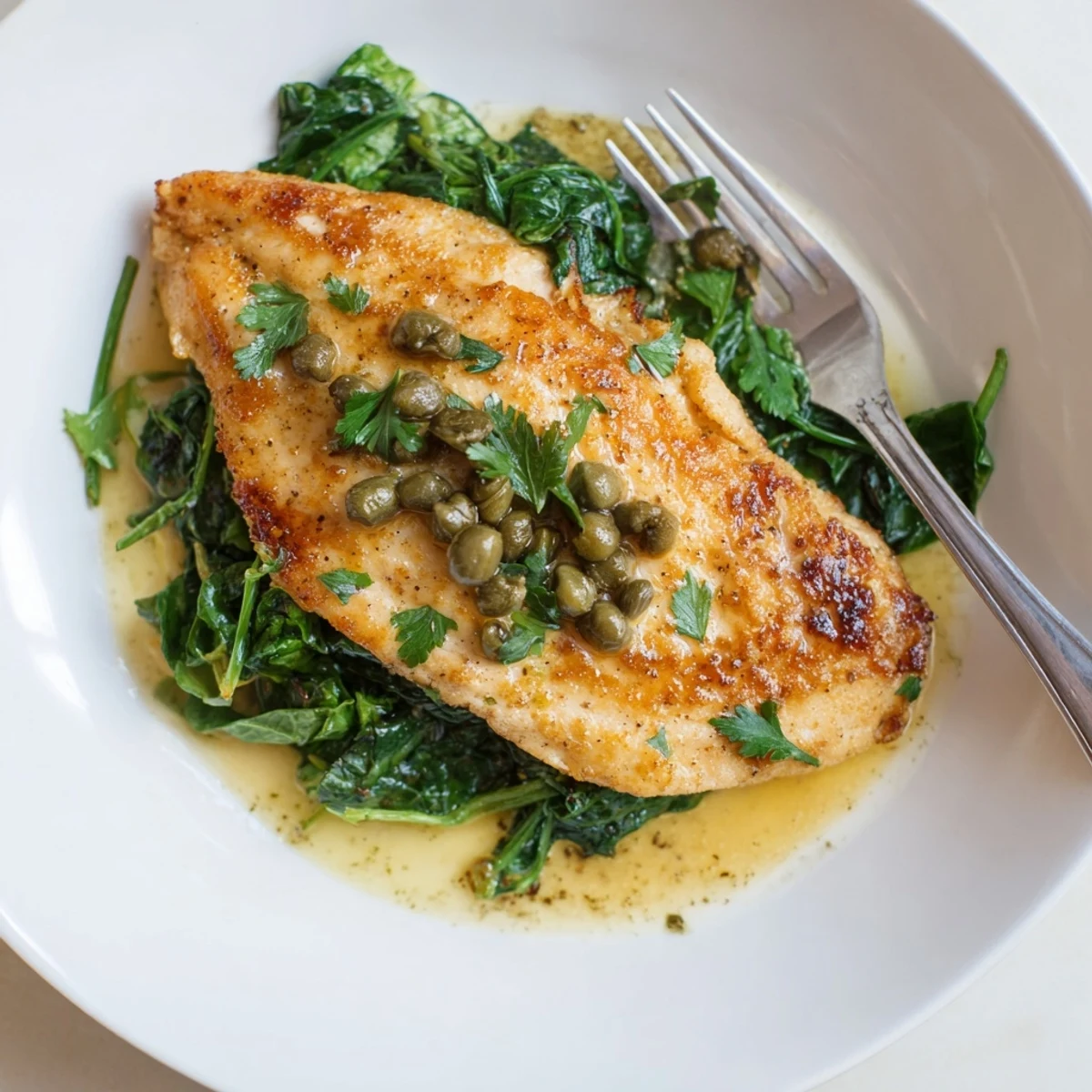 Tender Spinach Lemon Butter Chicken cutlets coated in a silky, bright sauce, served atop freshly wilted greens for a vibrant meal.