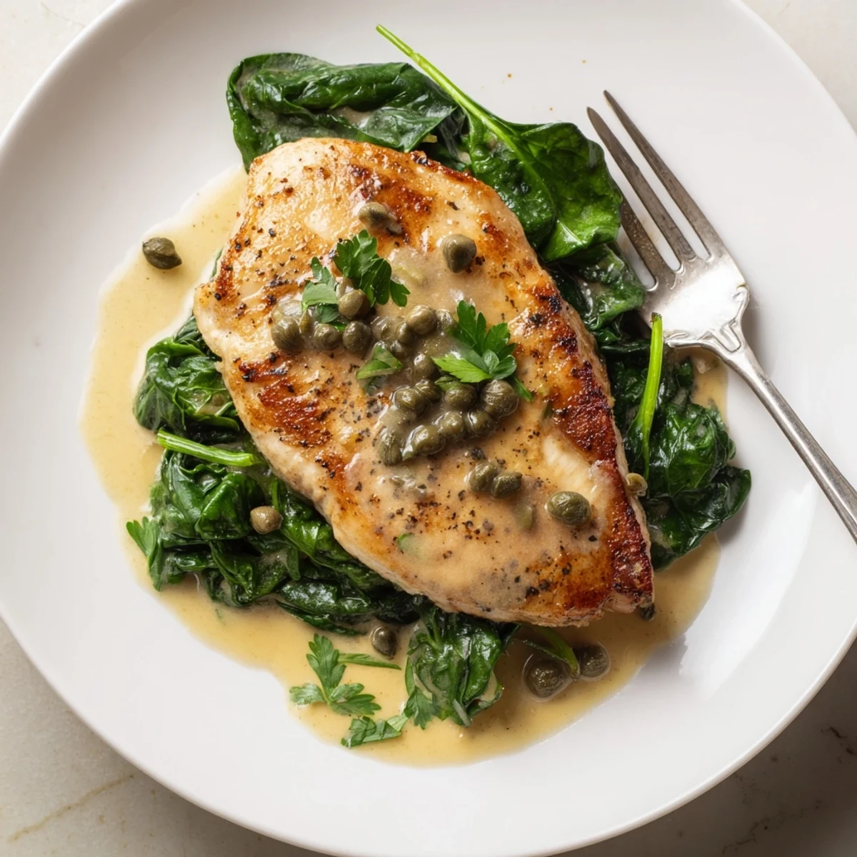 Golden-brown Spinach Lemon Butter Chicken resting on a bed of spinach, with fresh parsley garnish and a lemon slice on the side.