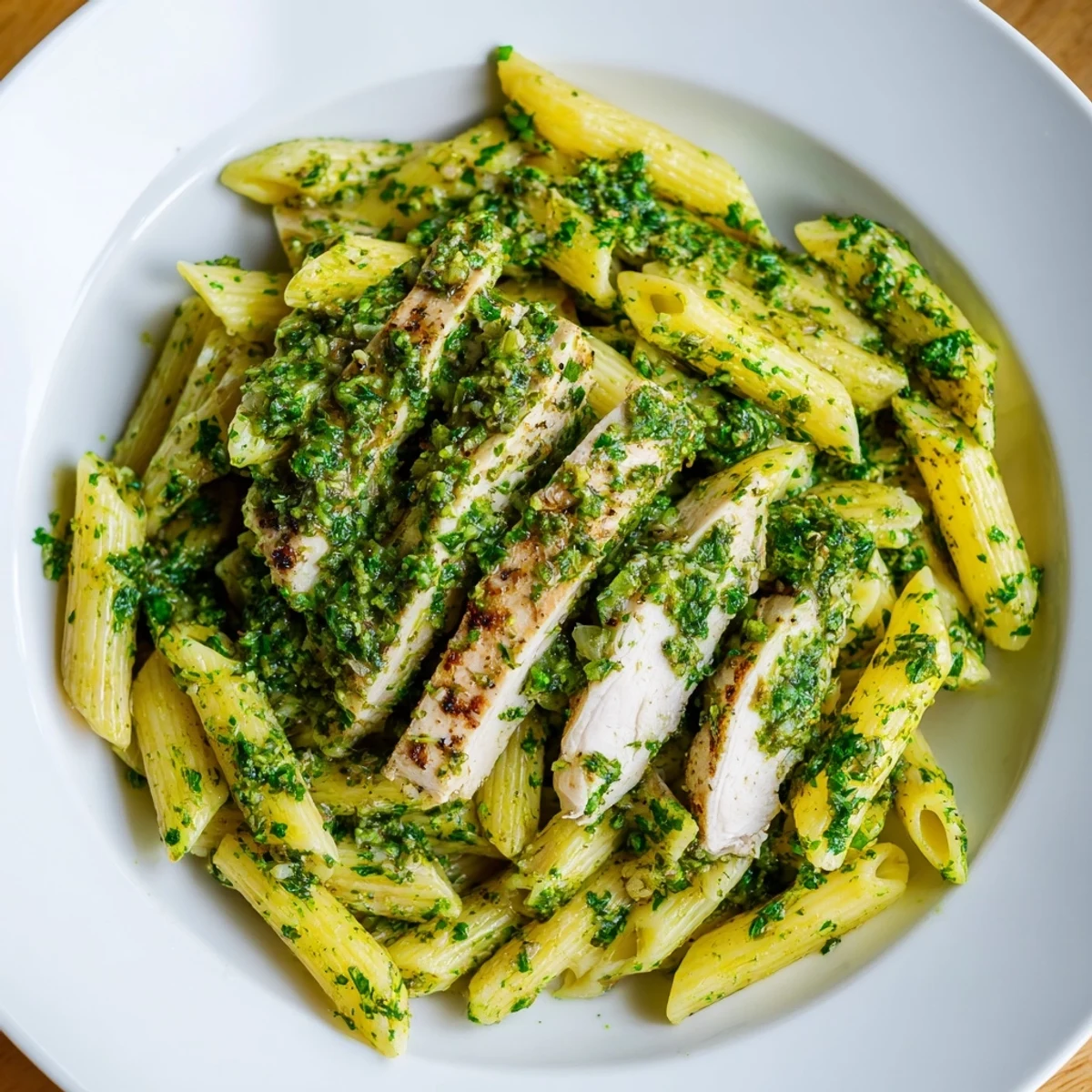 Golden, juicy chicken and pasta twirled in a vibrant, garlicky chimichurri drizzle, served with lemon wedges.