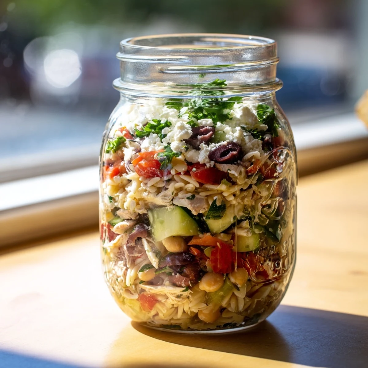 Bright layers of Greek Pasta Chicken Salad Jars with orzo, diced chicken, cherry tomatoes, cucumbers, and crumbled feta cheese.  