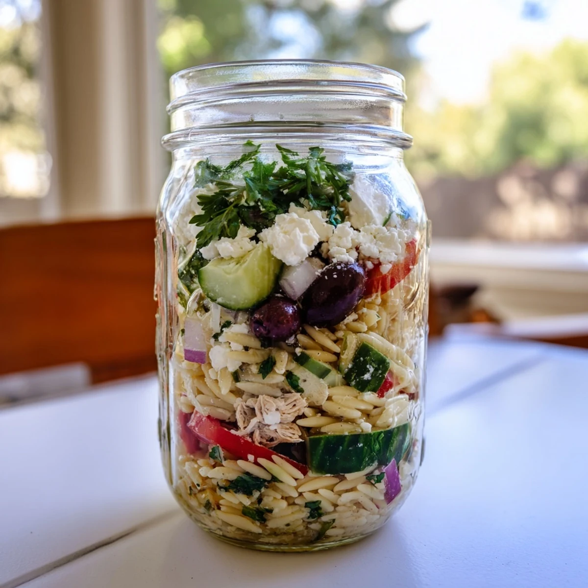 Vibrant Greek Pasta Chicken Salad Jars topped with Kalamata olives and fresh parsley, ideal for a Mediterranean meal prep lunch.  
