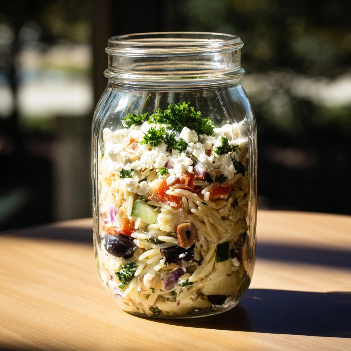 Clear glass jars of Greek Pasta Chicken Salad with orzo, chicken, crisp vegetables, and feta, ready to shake and serve.