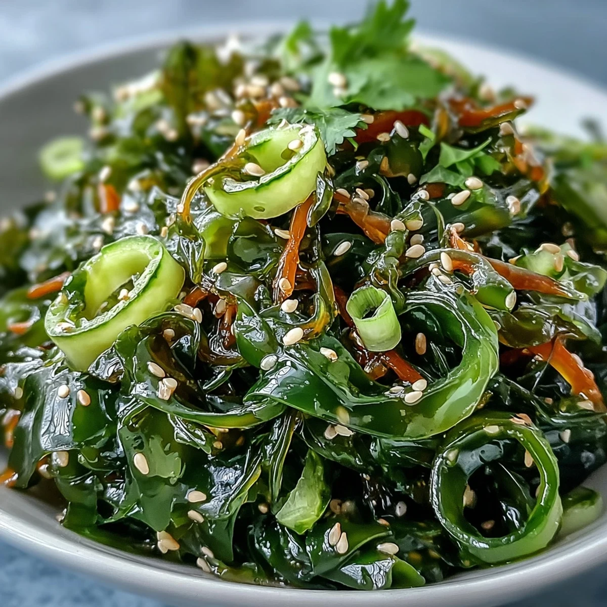 Vibrant seaweed salad with crisp cucumber, julienned carrot, and tangy ginger dressing.
