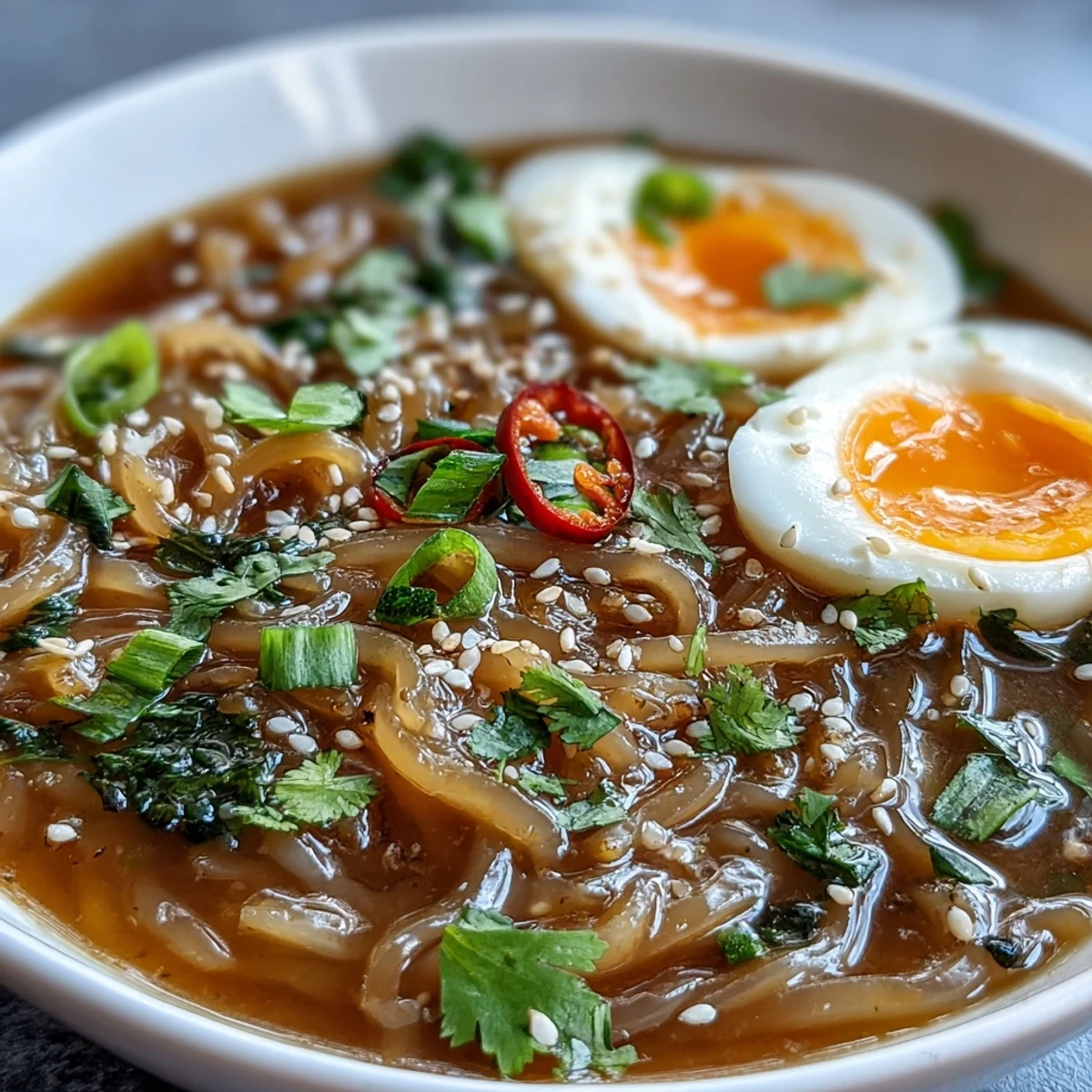 Savory shirataki noodles with broth, featuring tender ingredients and fresh herbs.