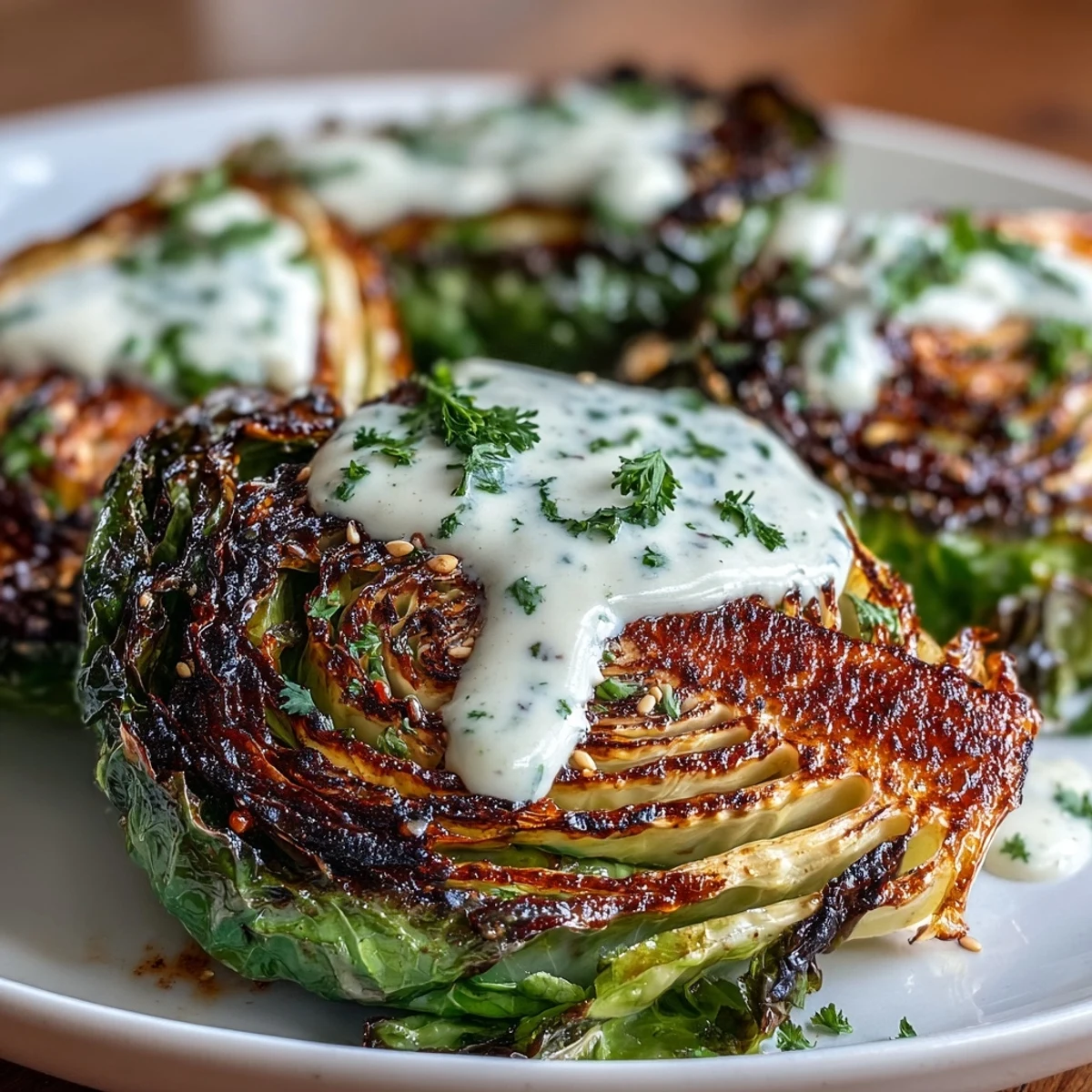 Roasted Cabbage Steaks With Tahini are arranged on a platter, drizzled with creamy sauce and topped with fresh parsley.