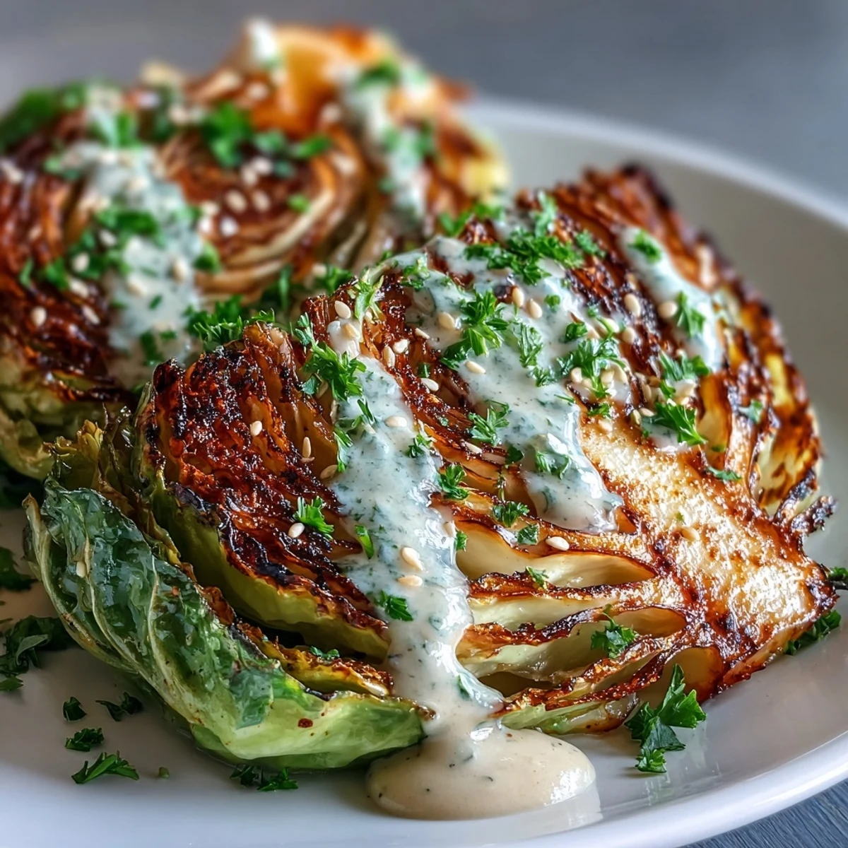Savory Roasted Cabbage Steaks With Tahini on a baking sheet, edges caramelized and ready to serve as a vegan main.