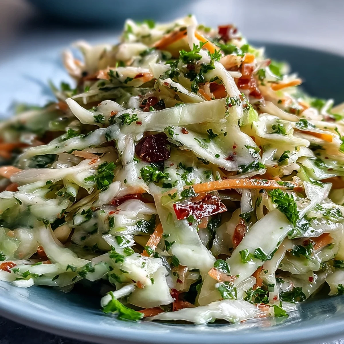 A close-up of Sauerkraut Slaw in a white bowl, showcasing shredded green cabbage, grated carrots, and sliced red bell peppers tossed in a light vinaigrette.