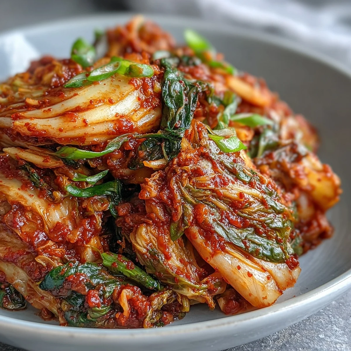 Freshly fermented kimchi in a glass jar, with colorful layers of red cabbage, carrots, and scallions visible through the brine.