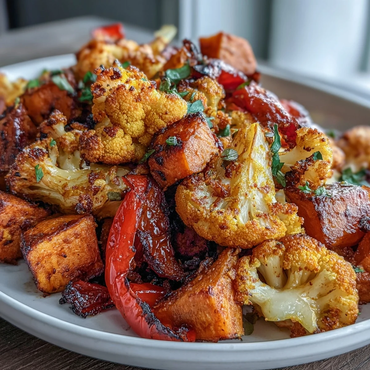 Vibrant Anti-Inflammatory Turmeric Roasted Vegetables served warm in a rustic bowl, garnished with fresh cilantro and a bright lemon wedge.
