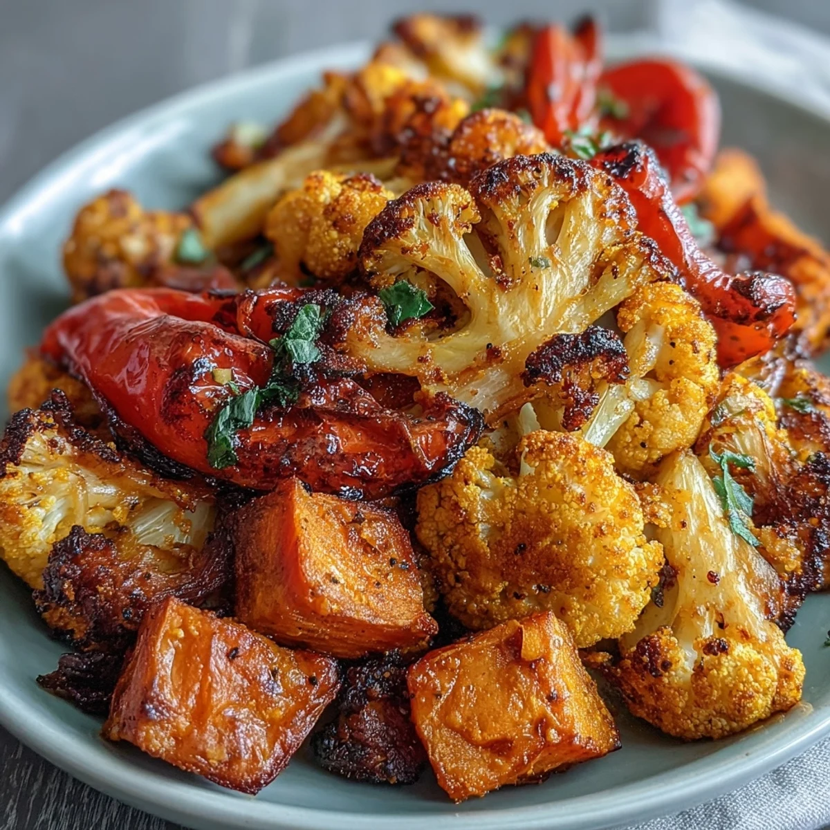 Heaping platter of Anti-Inflammatory Turmeric Roasted Vegetables with colorful cauliflower and carrots, ready to accompany a weeknight dinner.