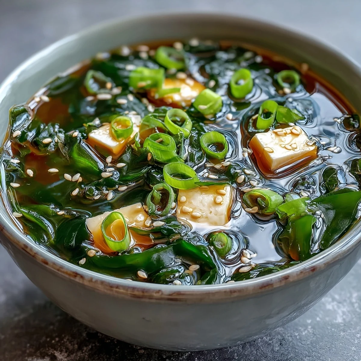 A close-up of warm Wakame Soup with tender seaweed, silky tofu cubes, and fresh green scallions in a savory dashi broth.  