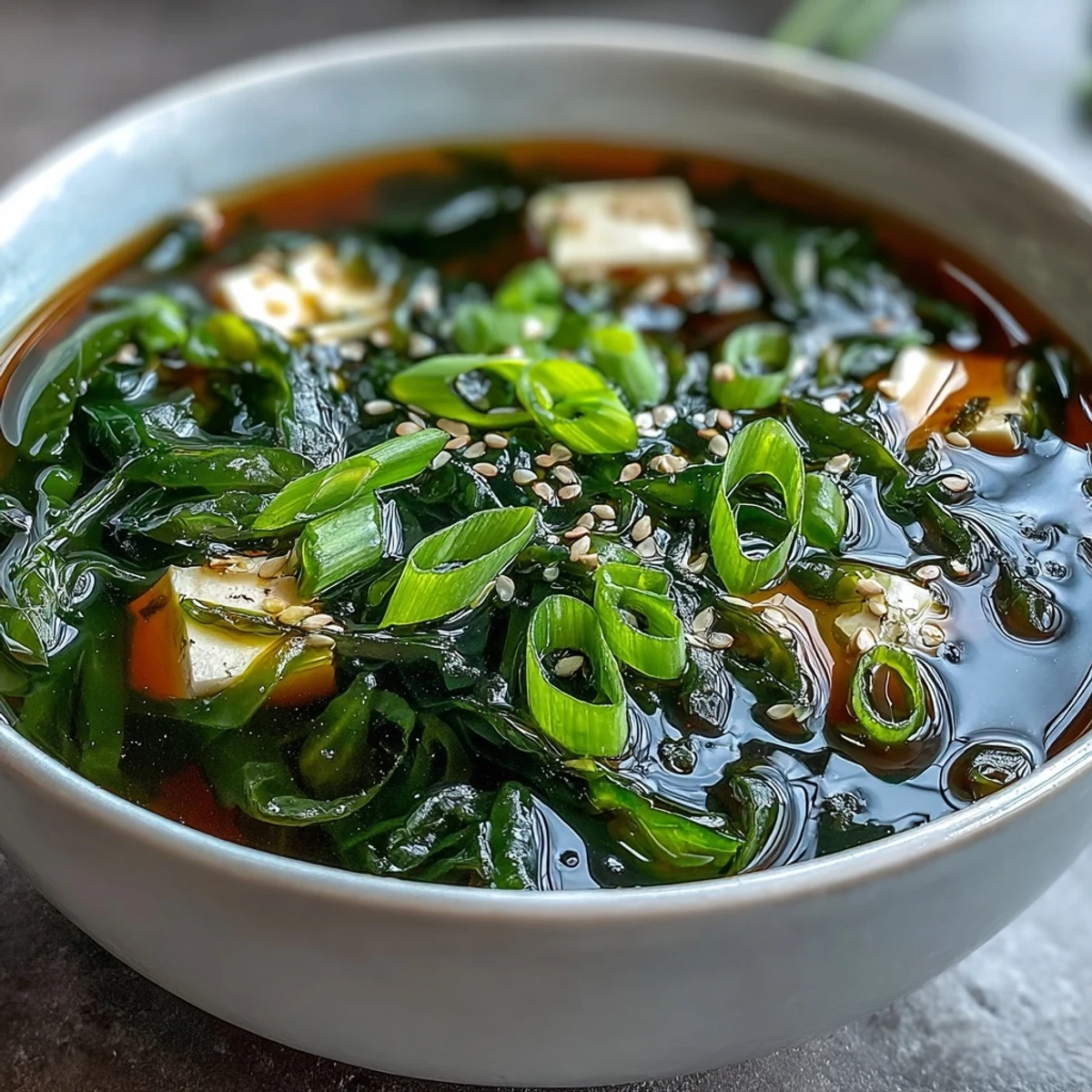 Steaming bowl of homemade Japanese Wakame Soup garnished with sliced scallions, served as a light appetizer or side dish.  