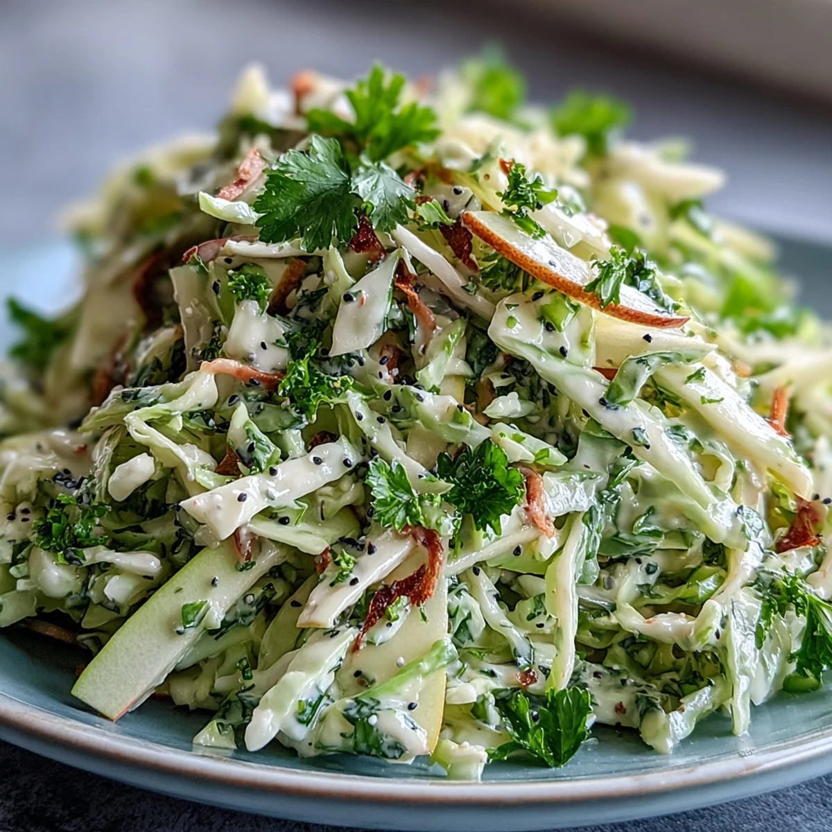 A crisp Green Cabbage and Apple Slaw featuring shredded cabbage, Granny Smith apples, and fresh parsley garnish.