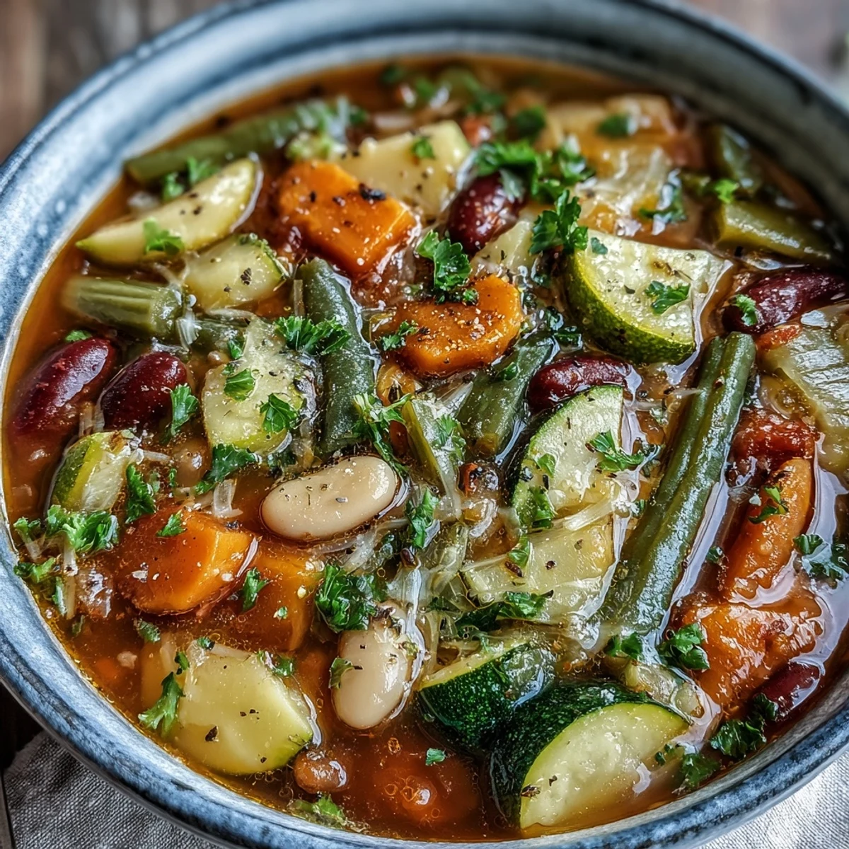 Steaming bowl of homemade Vegetable Minestrone featuring beans, pasta, and seasonal vegetables in rich tomato broth.