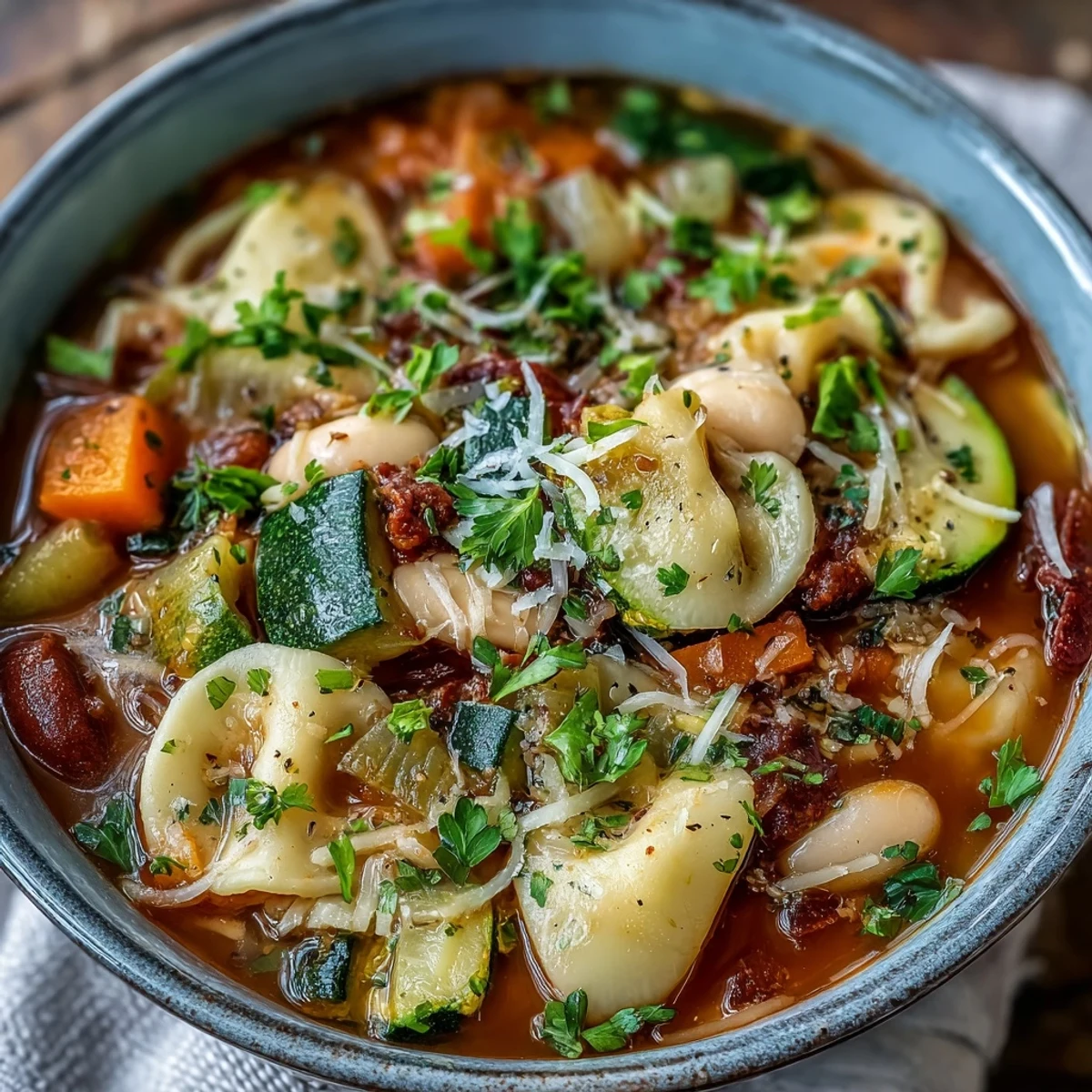 Italian Vegetable Minestrone topped with fresh parsley and grated Parmesan, served with crusty bread alongside.