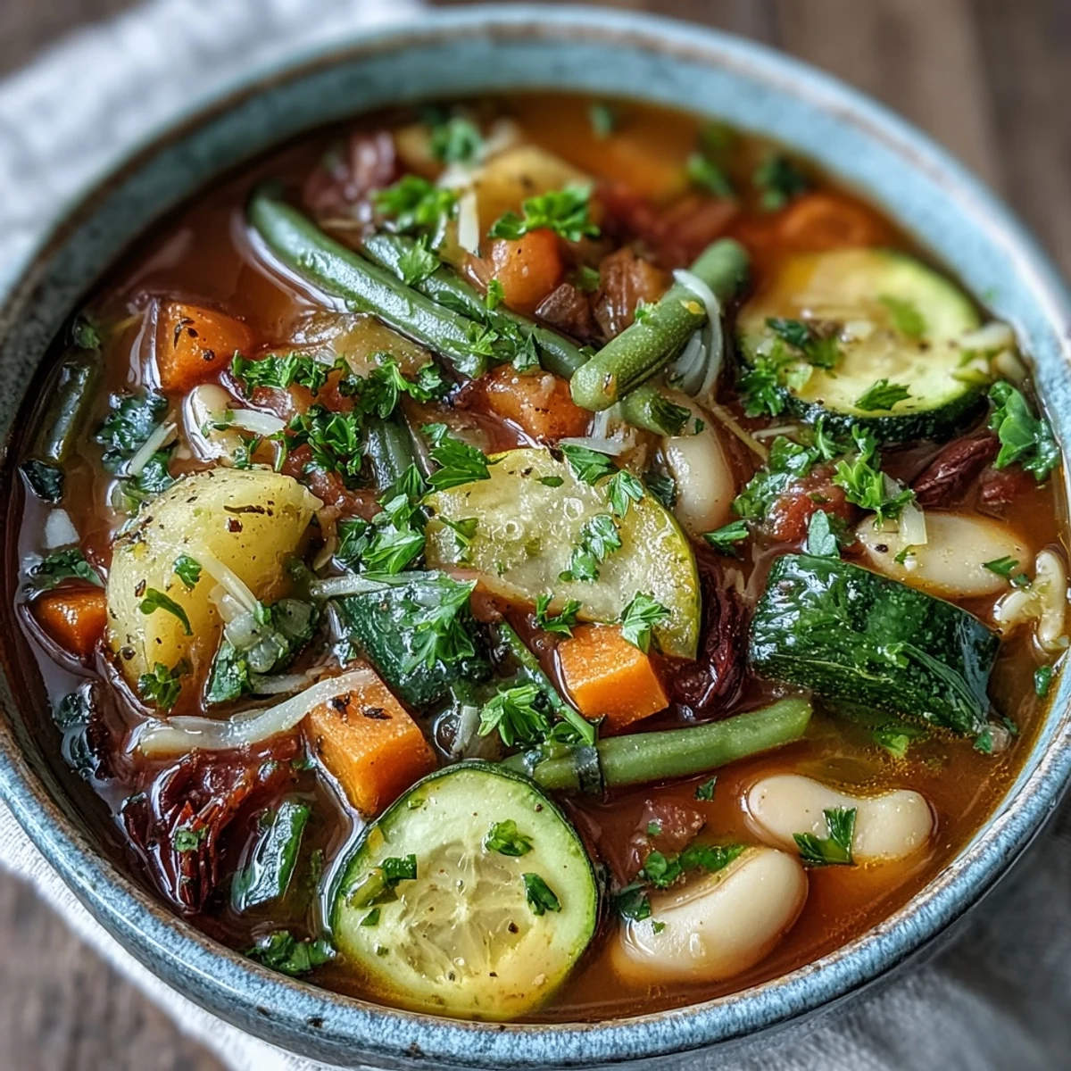 Hearty Vegetable Minestrone with zucchini and cannellini beans, perfect for cozy weeknight dinners or meal prep.
