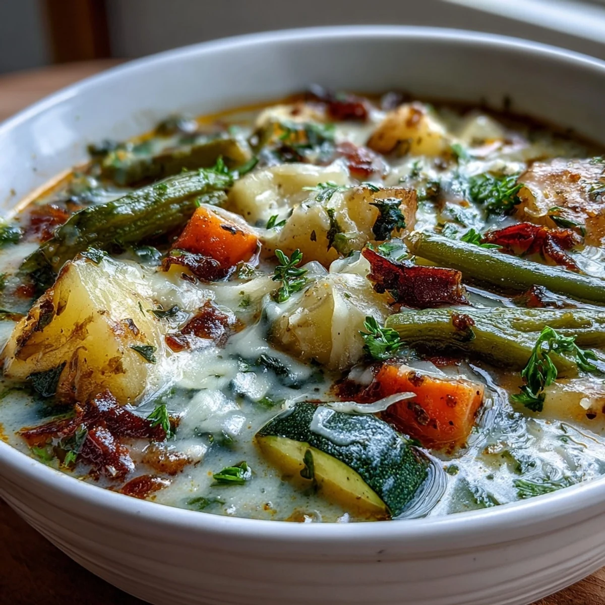 Hearty Parmesan Veggie Soup served in a rustic bowl with crusty bread on the side.