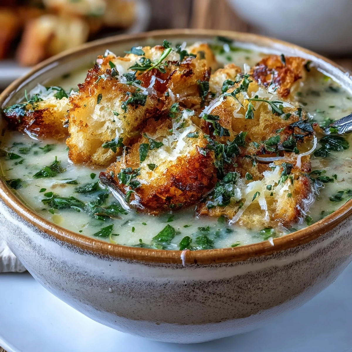 Rustic bowl of Garlic and Herb Soup topped with fresh chives, steaming with aromatic garlic and thyme.
