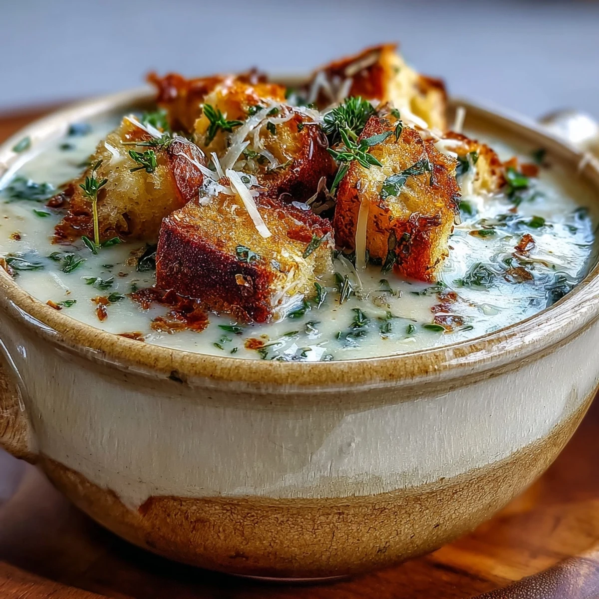 Creamy Garlic and Herb Soup garnished with fresh parsley, served warm in a rustic bowl with crusty bread.