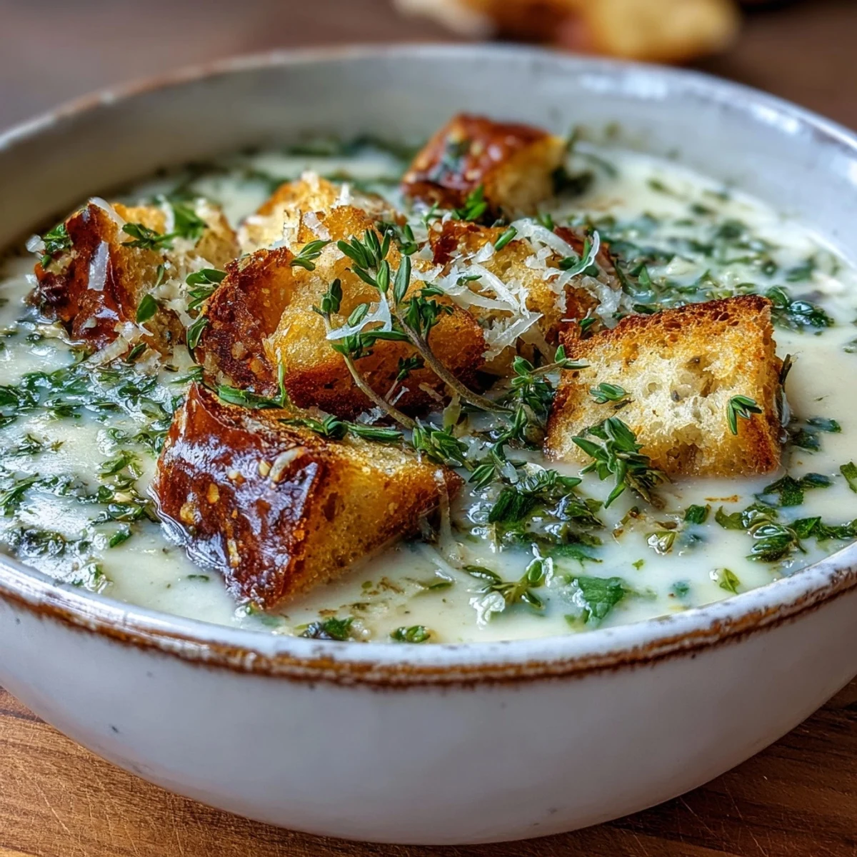 Smooth Garlic and Herb Soup ladled into a white bowl, garnished with herbs and Parmesan cheese alongside bread.