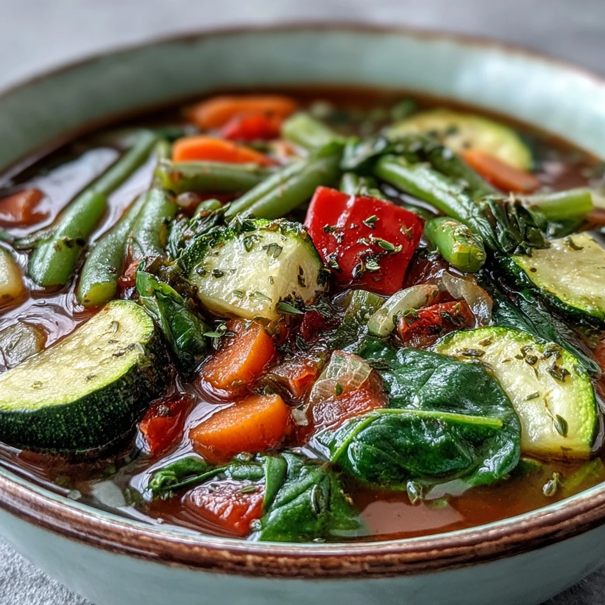 Steaming bowl of Italian Herb Vegetable Soup with zucchini, red bell pepper, and green beans.