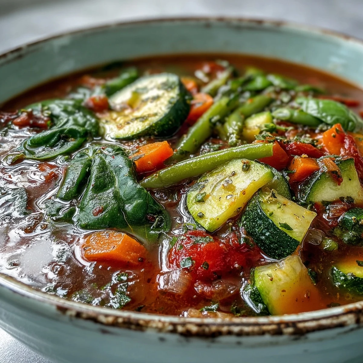 Healthy Italian Herb Vegetable Soup garnished with fresh parsley, served beside crusty artisan bread.