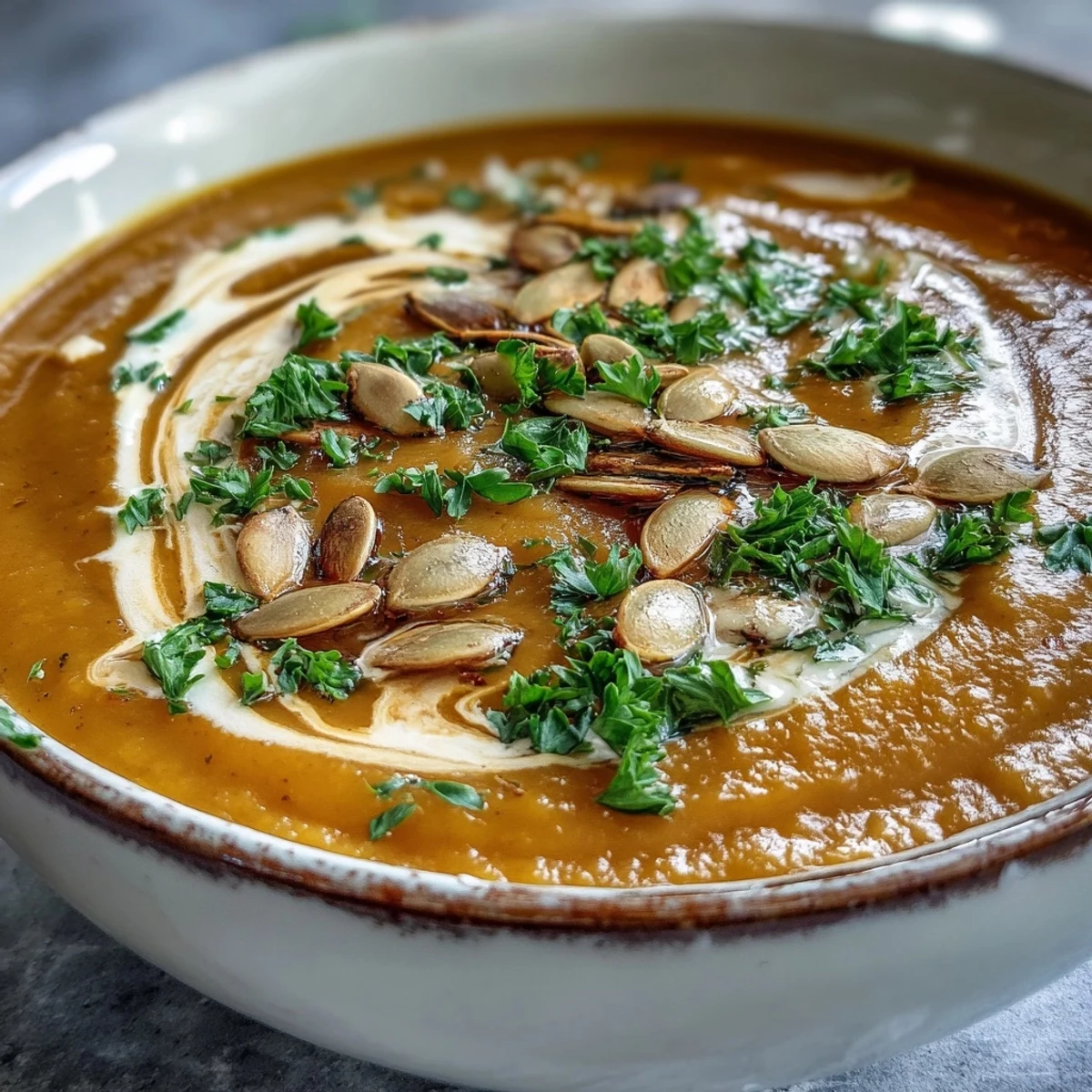 Smooth, velvety Pumpkin Soup with a swirl of cream and toasted pumpkin seeds in a rustic bowl.