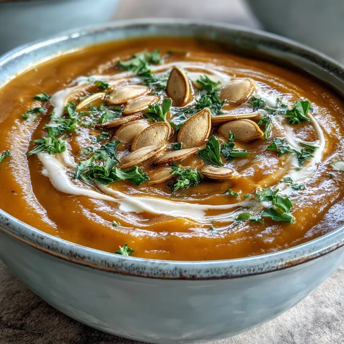 Warm Pumpkin Soup garnished with pumpkin seeds and a drizzle of cream, perfect for cozy autumn meals.