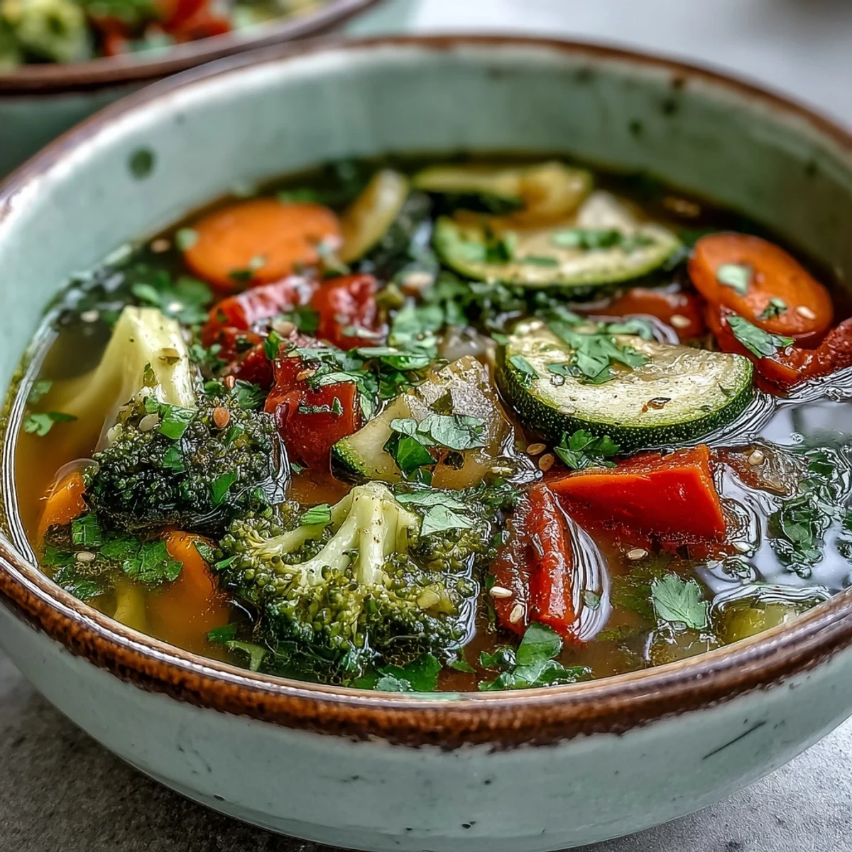 Hearty Ginger Vegetable Soup served hot in a rustic bowl, garnished with fresh cilantro and drizzled with sesame oil.