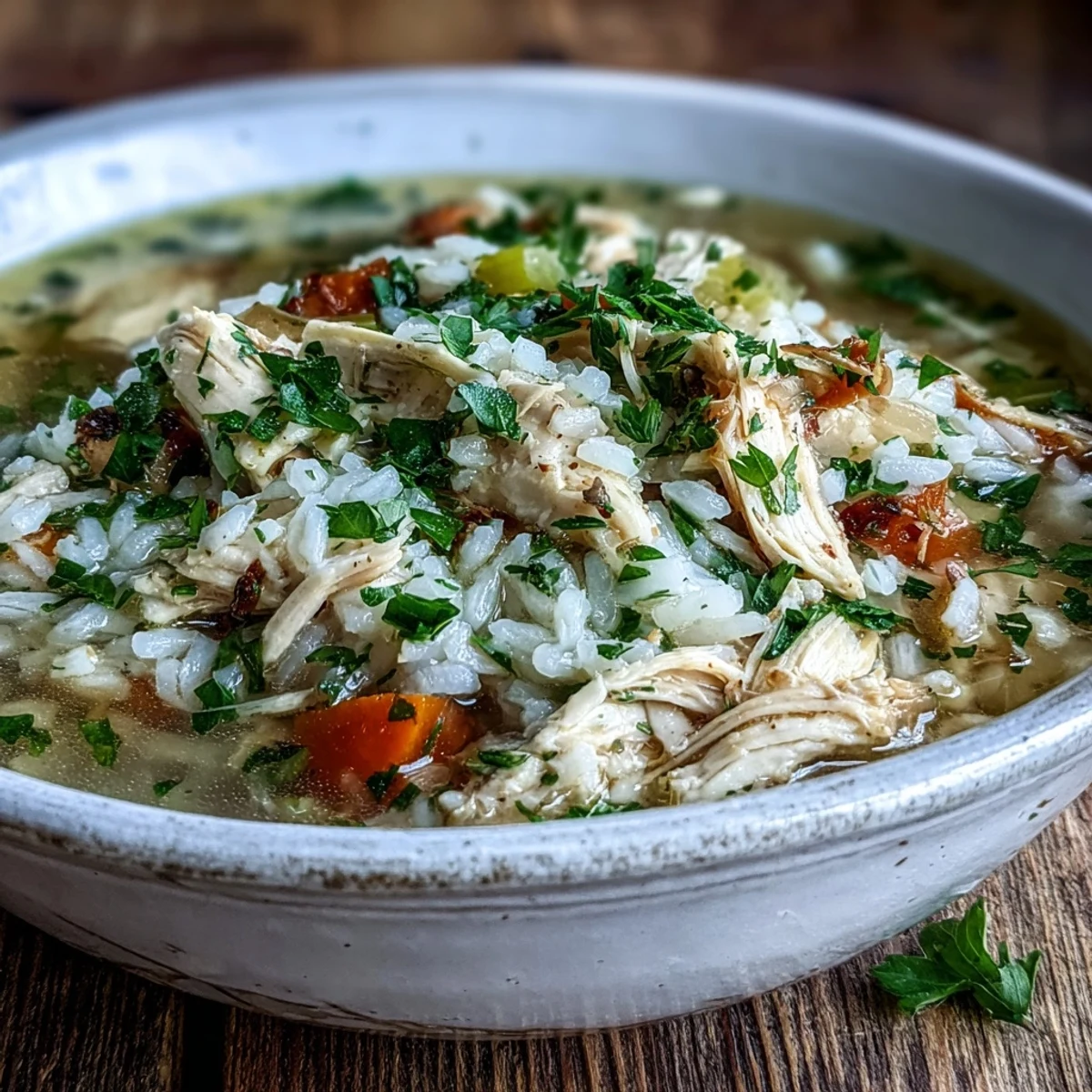A steaming bowl of Cozy Winter Chicken and Rice Soup with tender shredded chicken, fluffy rice, and vibrant carrots in a rustic pot.