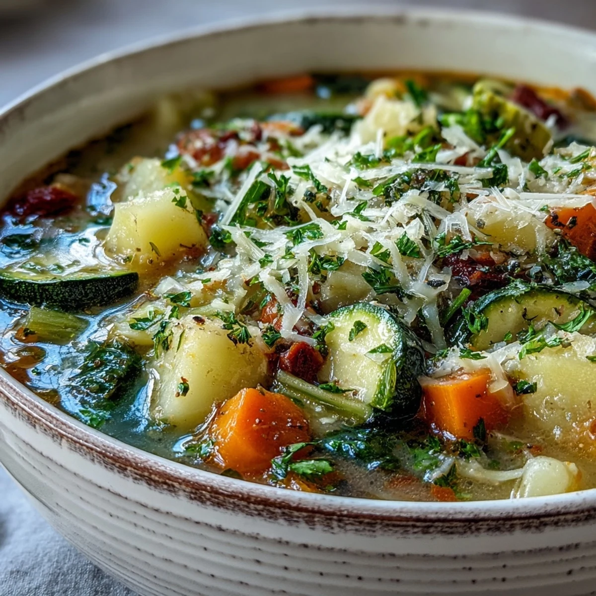 Steaming bowl of Parmesan Veggie Soup, topped with fresh parsley and extra cheese.