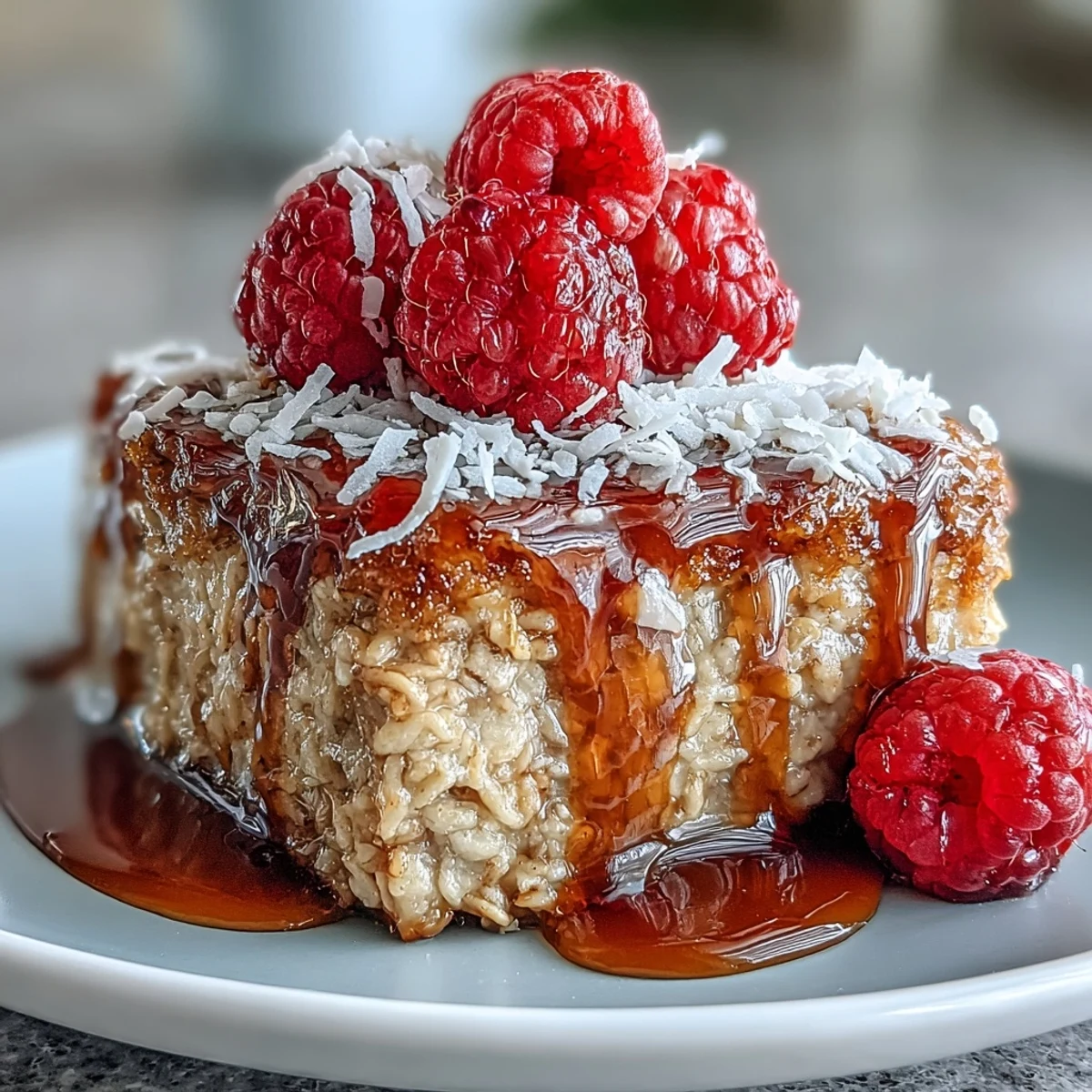 Golden Baked Oatmeal with Raspberry and Coconut fresh from the oven, scattered with berries and shredded coconut.