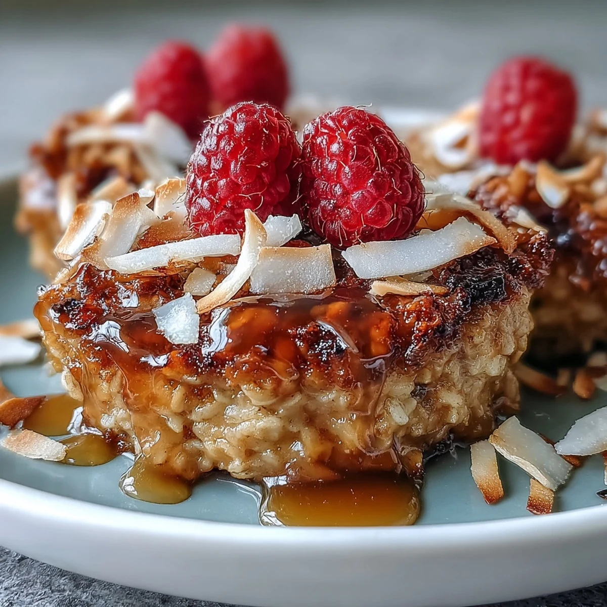 Vegan Baked Oatmeal with Raspberry and Coconut served warm in squares with a maple syrup drizzle.