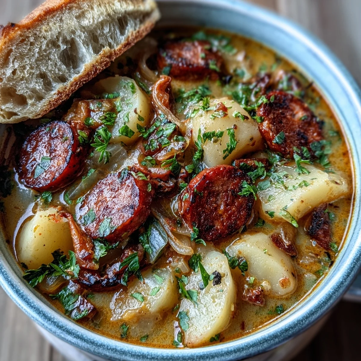 Creamy Potato, Leek and Chorizo Soup topped with crispy chorizo crumbles and herbs for a rustic look.