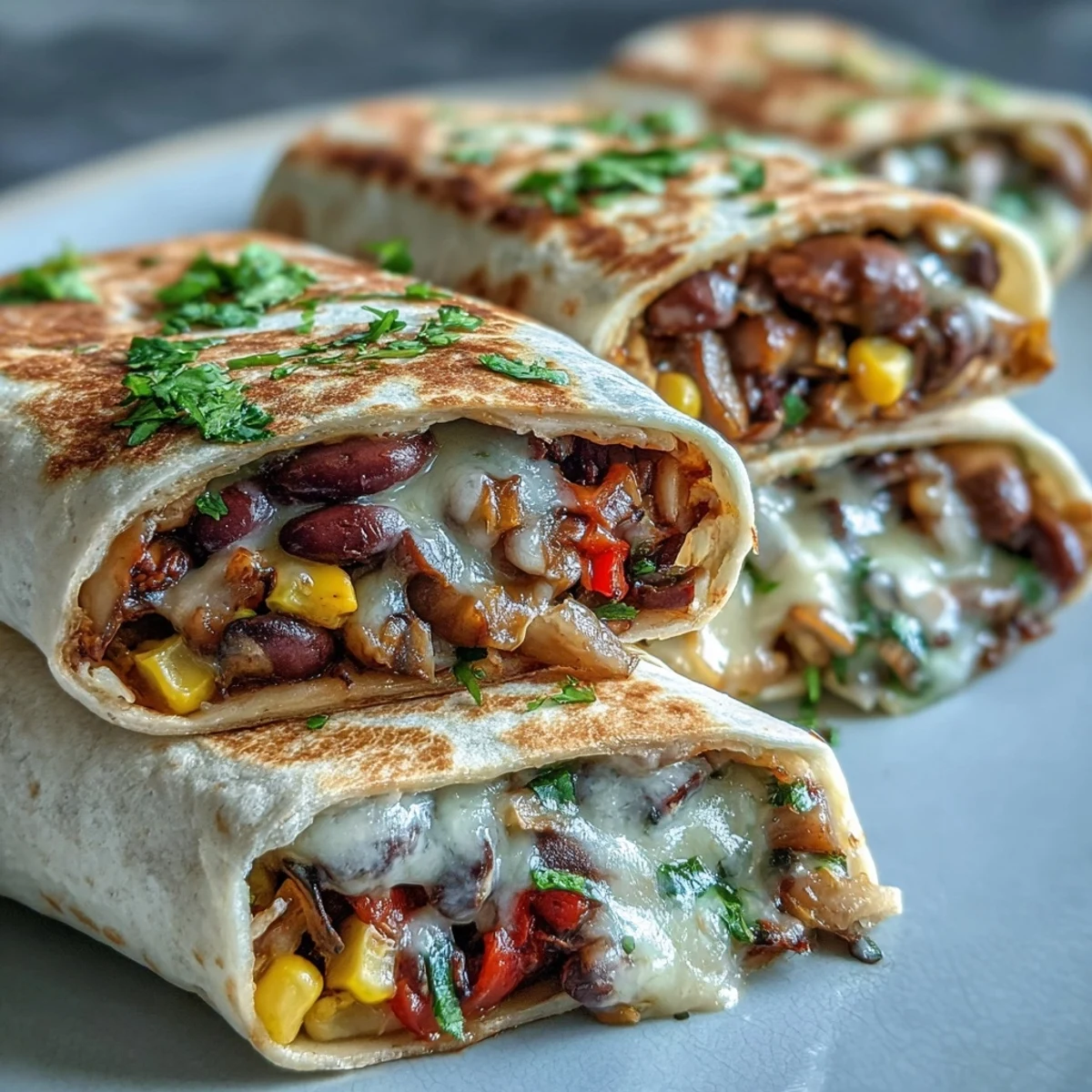 Golden-brown Veggie Burritos stuffed with sautéed mushrooms, black beans, and corn, served with fresh toppings.