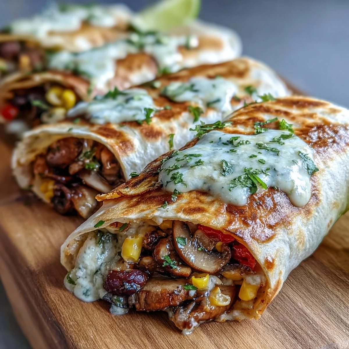 Freshly rolled Veggie Burritos revealing a colorful filling of peppers, beans, and cilantro.
