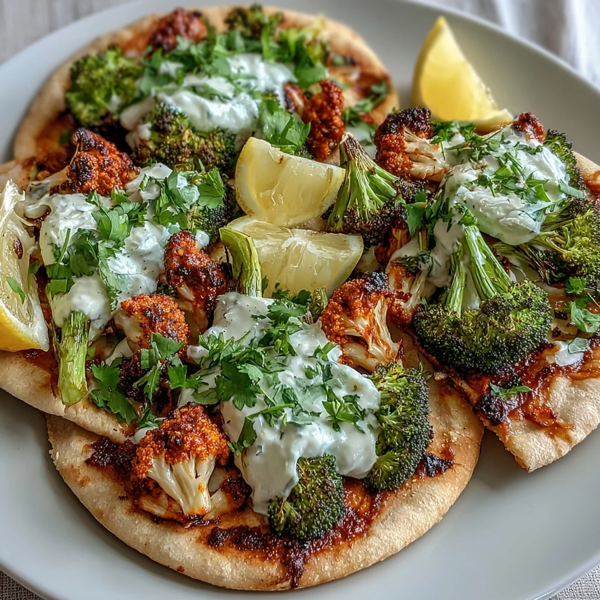 Roasted harissa broccoli florets with charred edges are piled onto warm flatbreads and topped with lemon wedges and fresh cilantro.