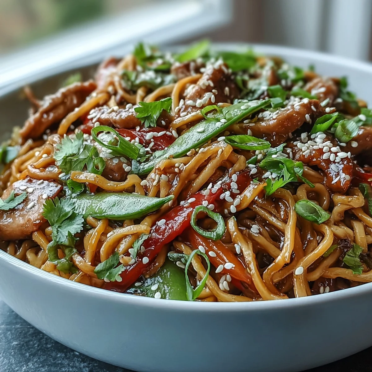 Golden-brown slices of tender pork, crisp red bell peppers, and snap peas mingle with glossy noodles in a savory sauce.