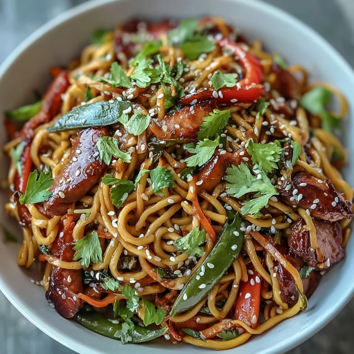 A steaming bowl of Pork Noodle Stir-Fry garnished with sesame seeds and fresh coriander, ready to serve.