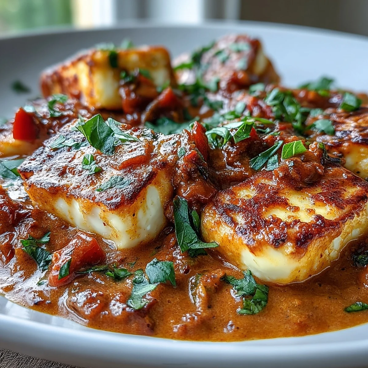 Golden fried halloumi cubes glisten in a creamy tomato coconut curry, served alongside fluffy white basmati rice.
