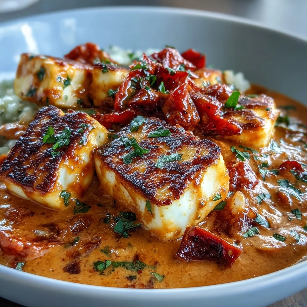 A close-up of Creamy Halloumi and Tomato Curry highlights golden cheese pieces coated in a rich, rust-red sauce.