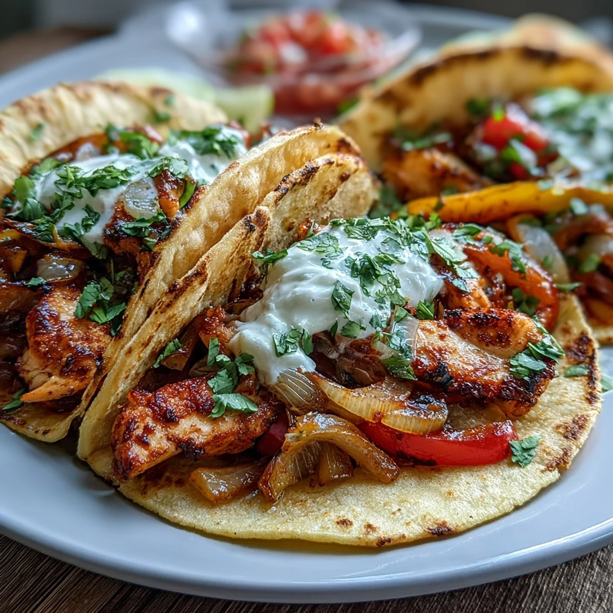 Sizzling skillet of Easy Chicken Fajitas topped with fresh cilantro, lime wedges, and a dollop of sour cream.