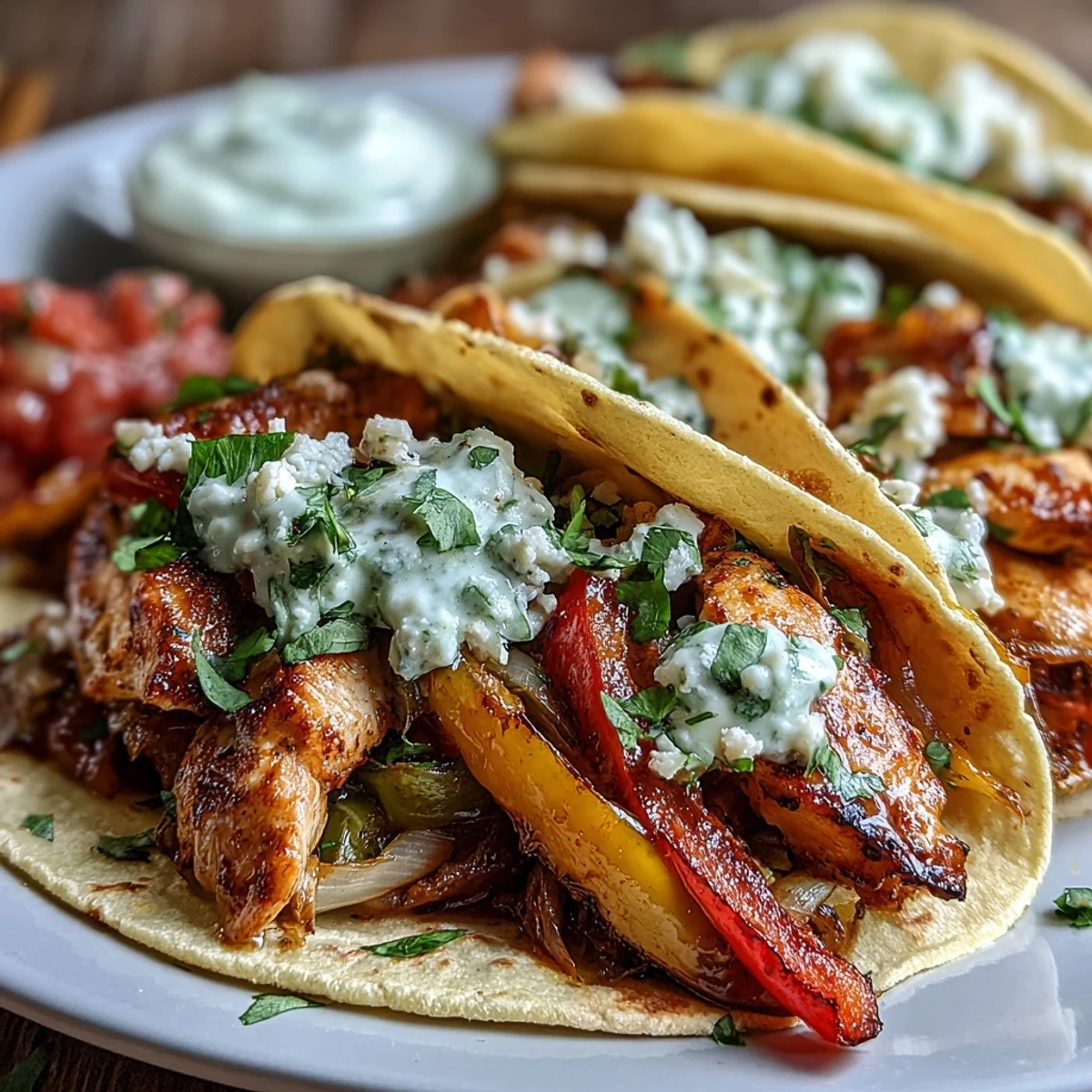 Easy Chicken Fajitas featuring tender chicken strips, sautéed peppers, and onions piled high on a warm flour tortilla.