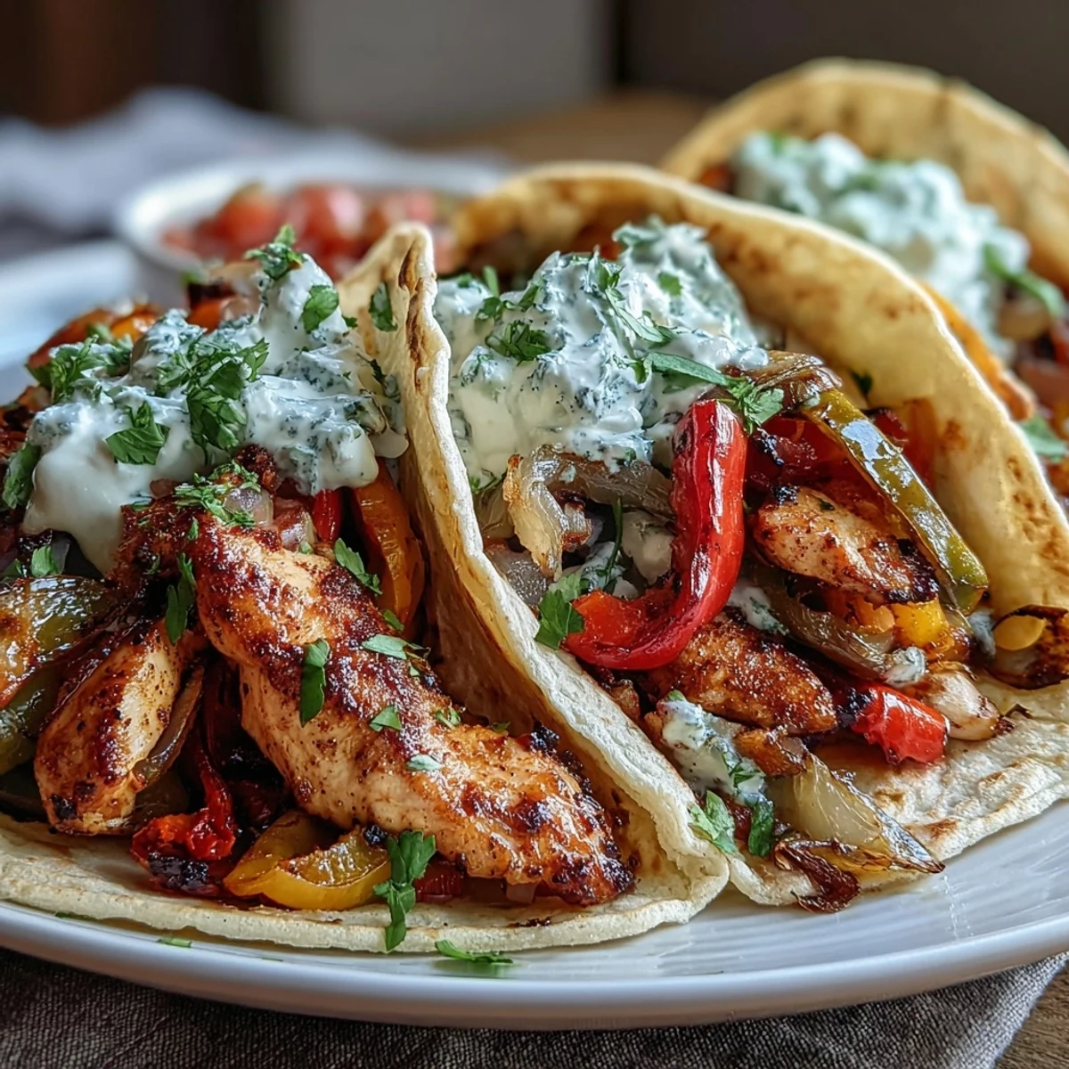 Colorful platter of Easy Chicken Fajitas served with tortillas and fixings for a delicious family-style Tex-Mex dinner.