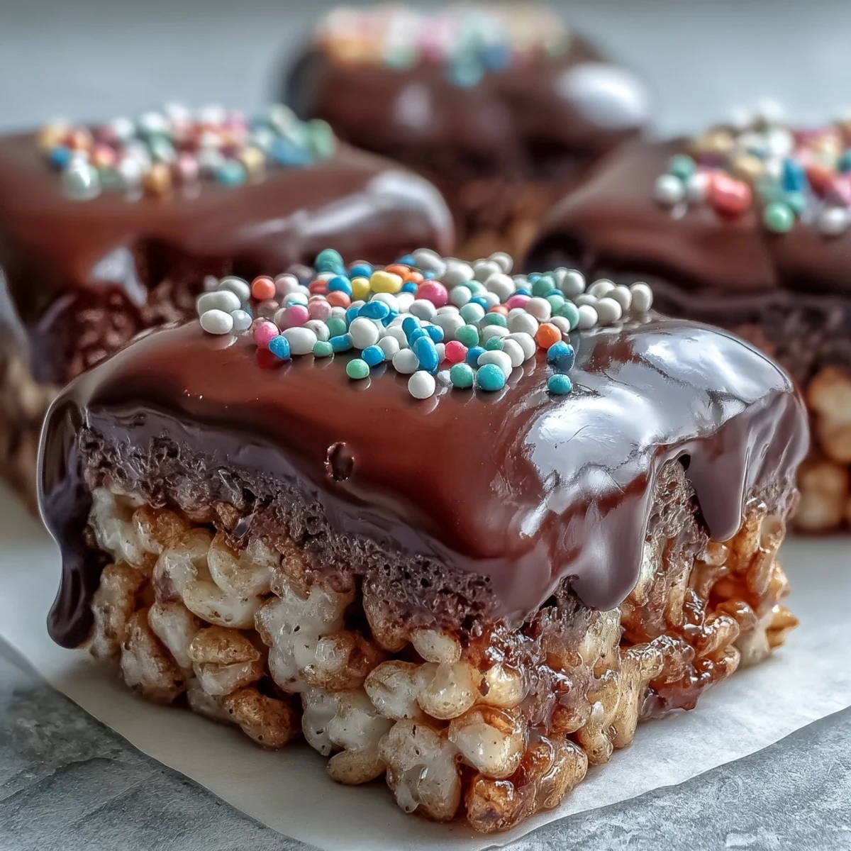 Chocolate Covered Rice Krispy Treats cut into neat squares, showing a glossy chocolate topping and colorful rainbow sprinkles on a rustic board.