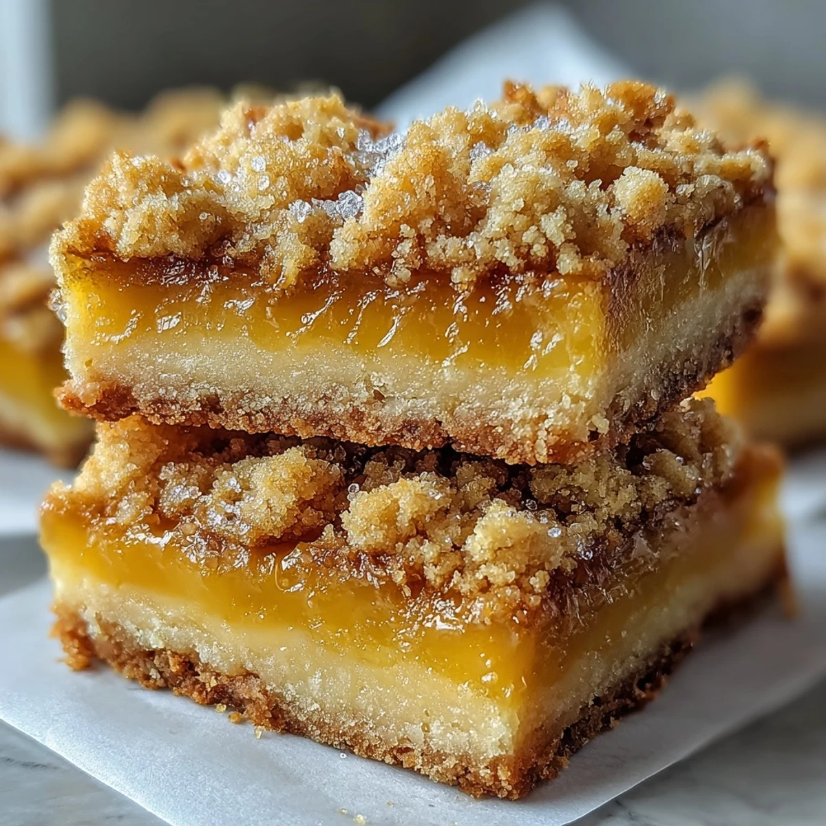 Overhead view of crumbly Homemade Lemon Crumb Bars with a dusting of powdered sugar, ideal for a sweet snack.