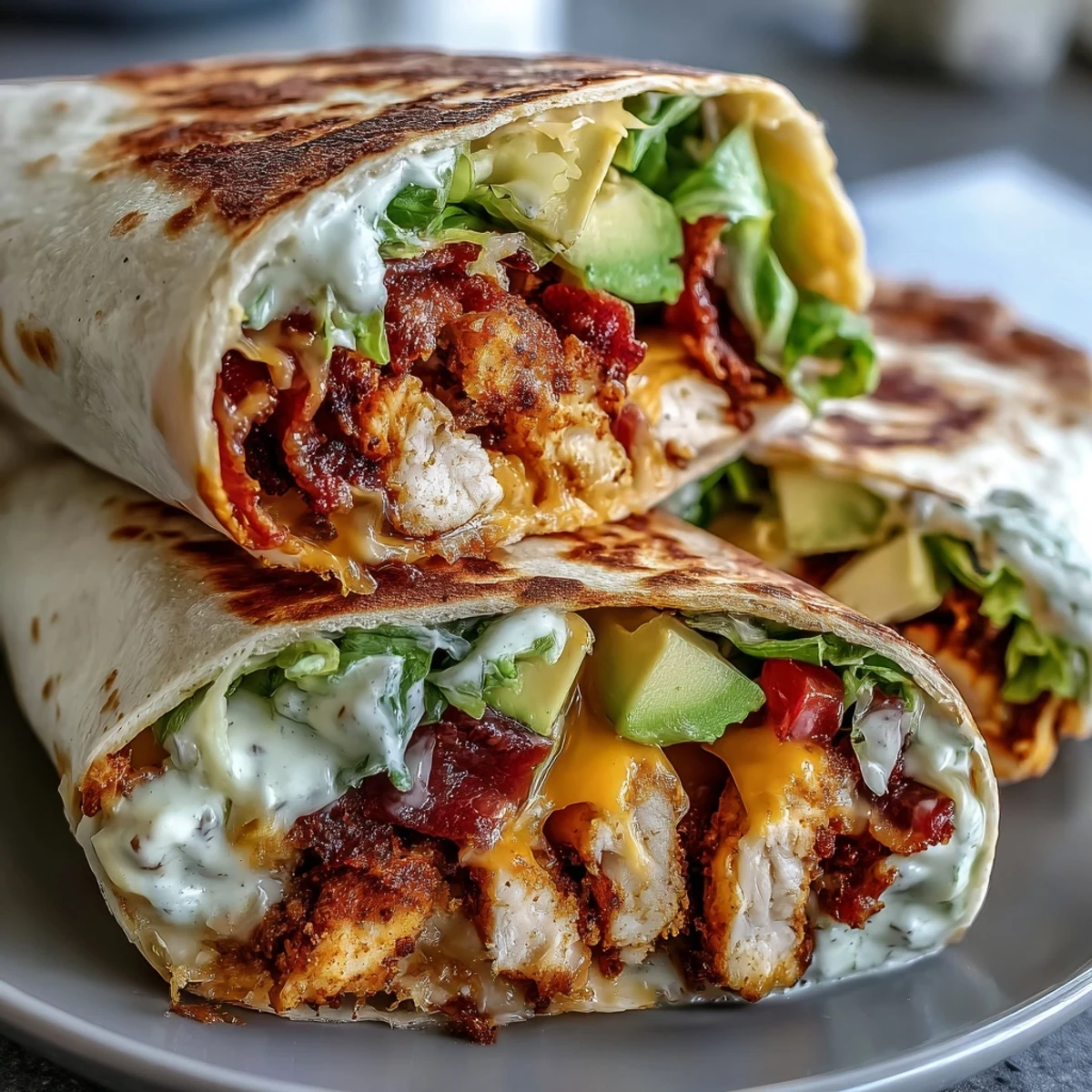 Golden-seared crispy chicken wraps with bacon and avocado on a plate.