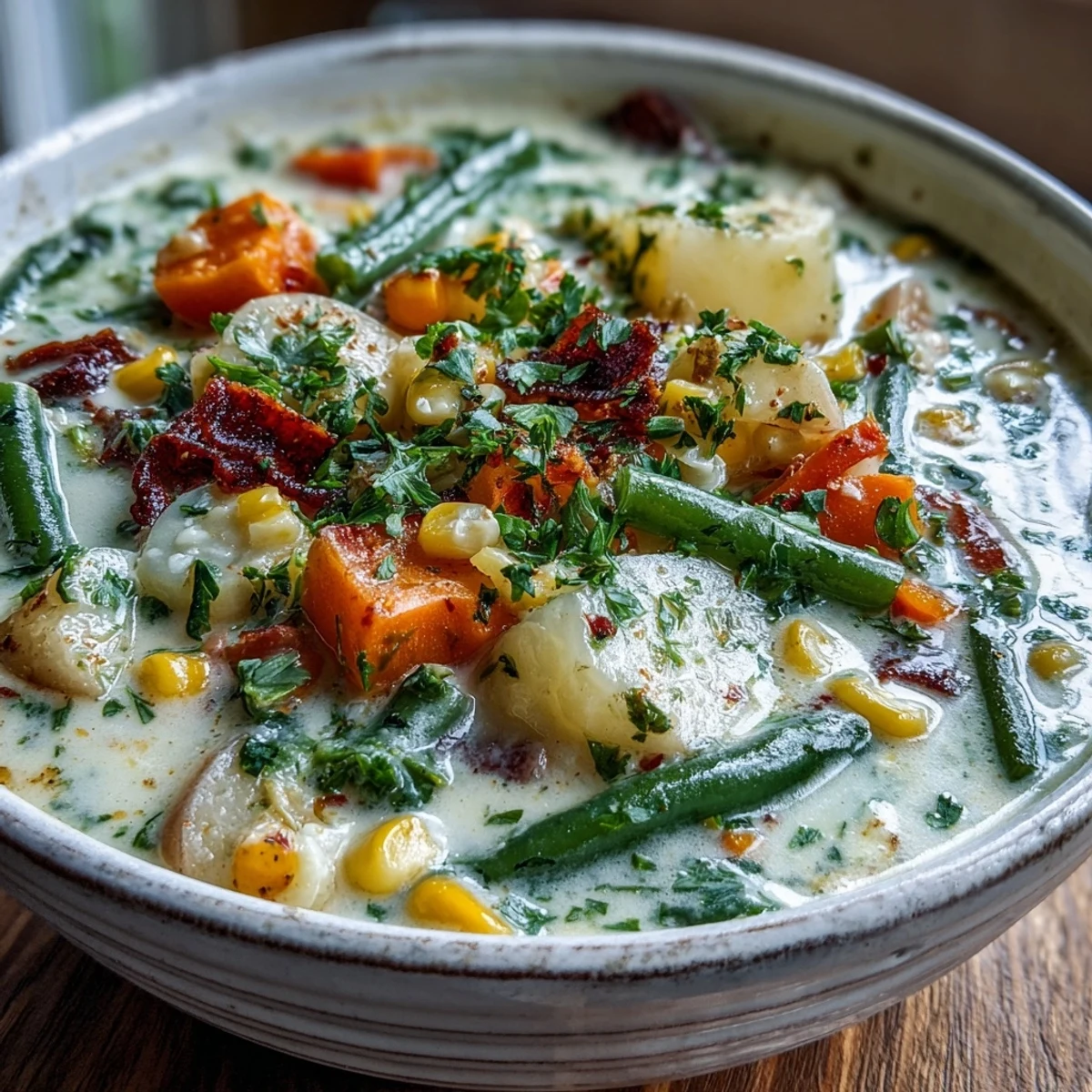 Close-up of a spoonful of Amish Snow Day Soup, featuring diced vegetables and thyme floating in a rich, velvety liquid.